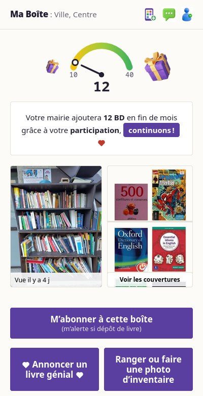 La page d’une boîte à livres sur un téléphone : la jauge, l’inventaire photographié et les boutons pour participer