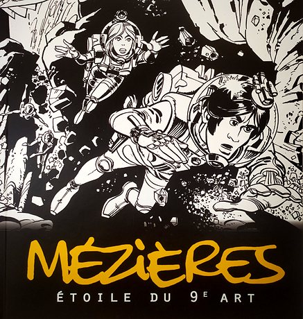 Couverture de l’ouvrage « Mézières, étoile du 9e art » — deux personnages en scaphandre dessinés en noir et blanc